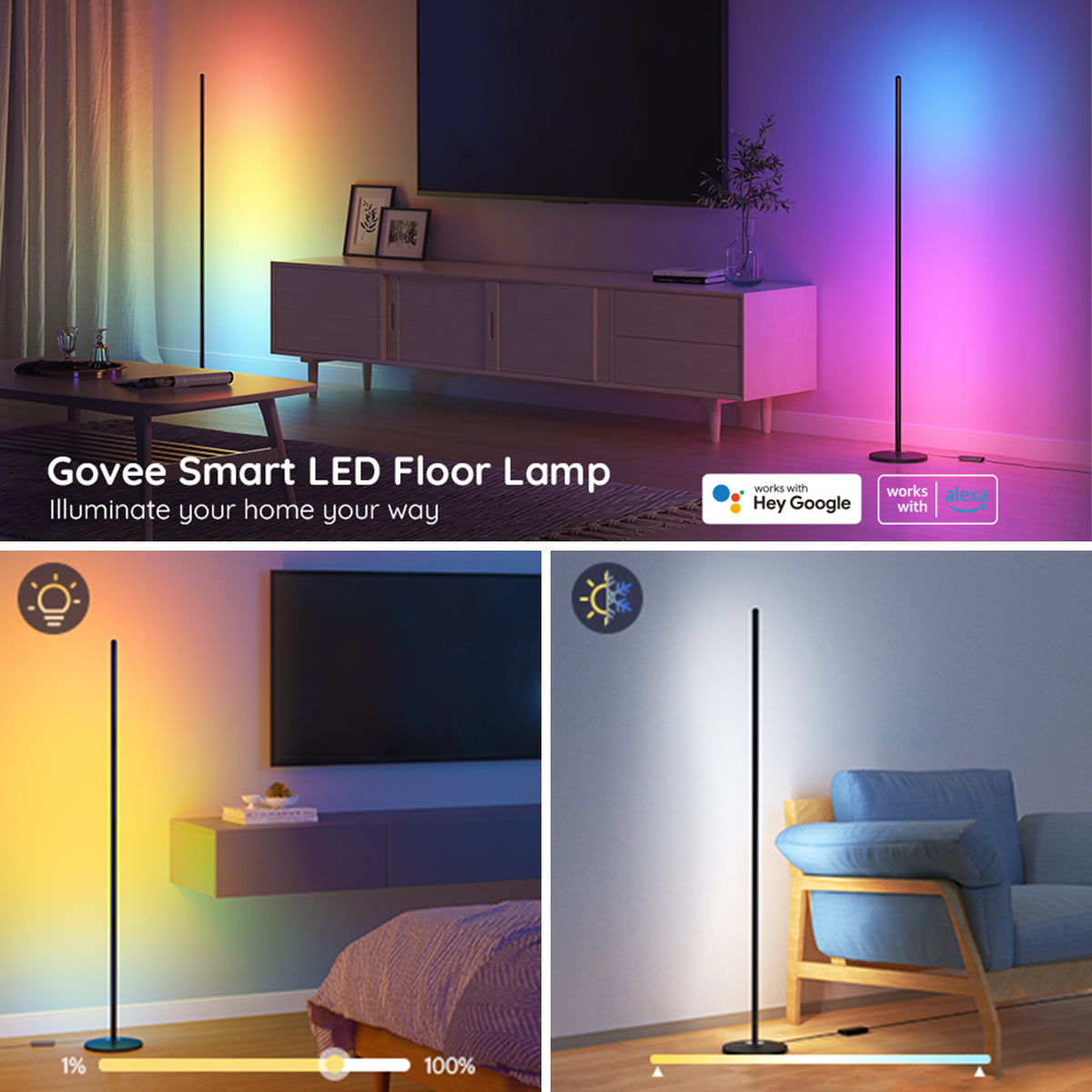 Govee RGBICW Smart Corner Floor Lamp (1.3m High) - Smart LED Light - UNBOXED DEAL